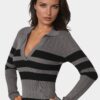 Long Sleeve Collared Striped Knit Dress