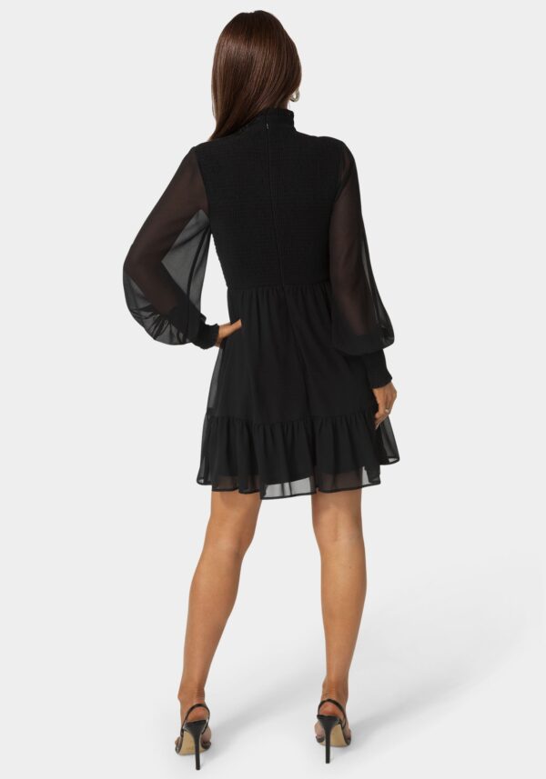 Long Sleeve Mock Neck Chifon Smocked Mini Dress